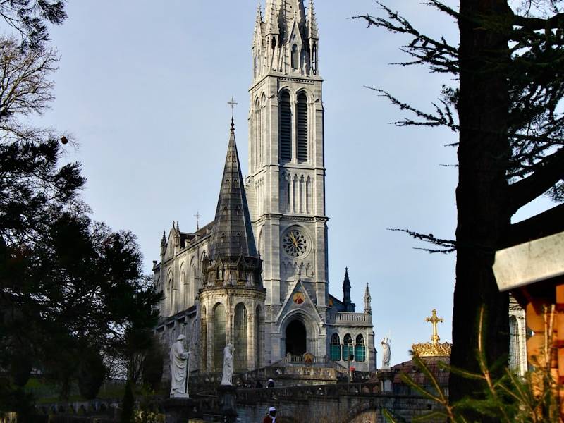 A large cathedral towering over a lush green park
